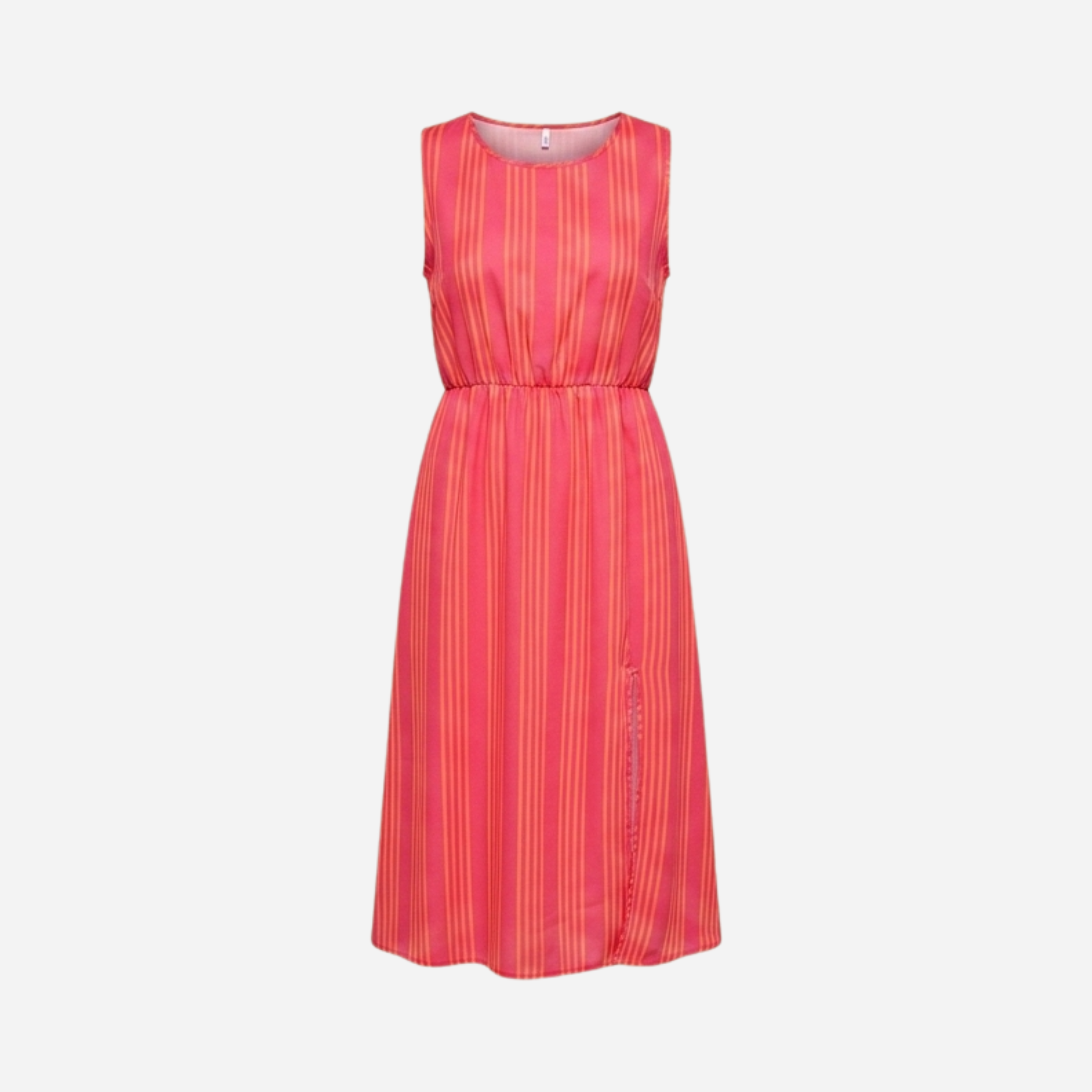 STREEPJES JURK MOUWLOOS ORANJE/FUCHSIA