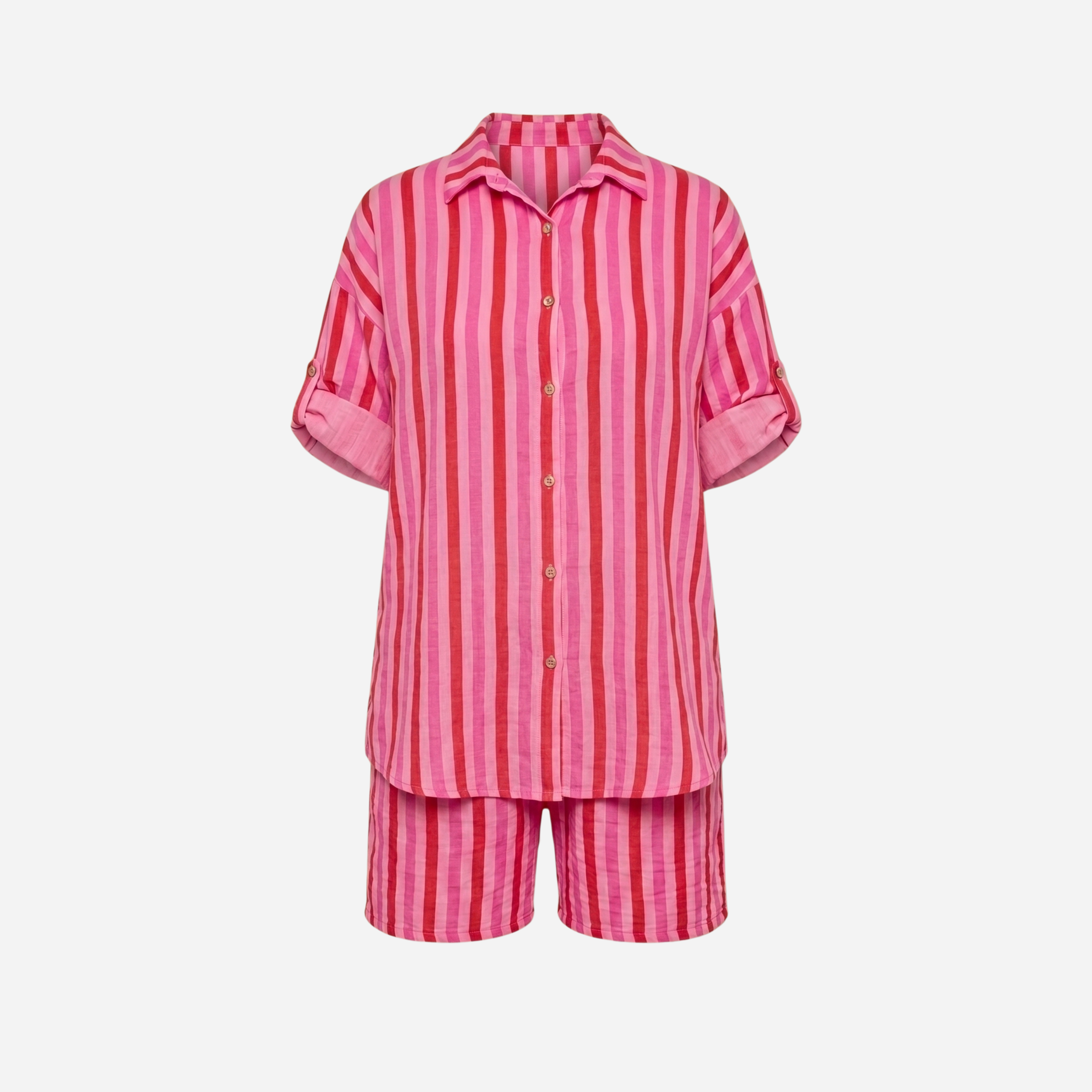 KATOENEN MOUSSELINE STREEP SET ROZE/ROOD