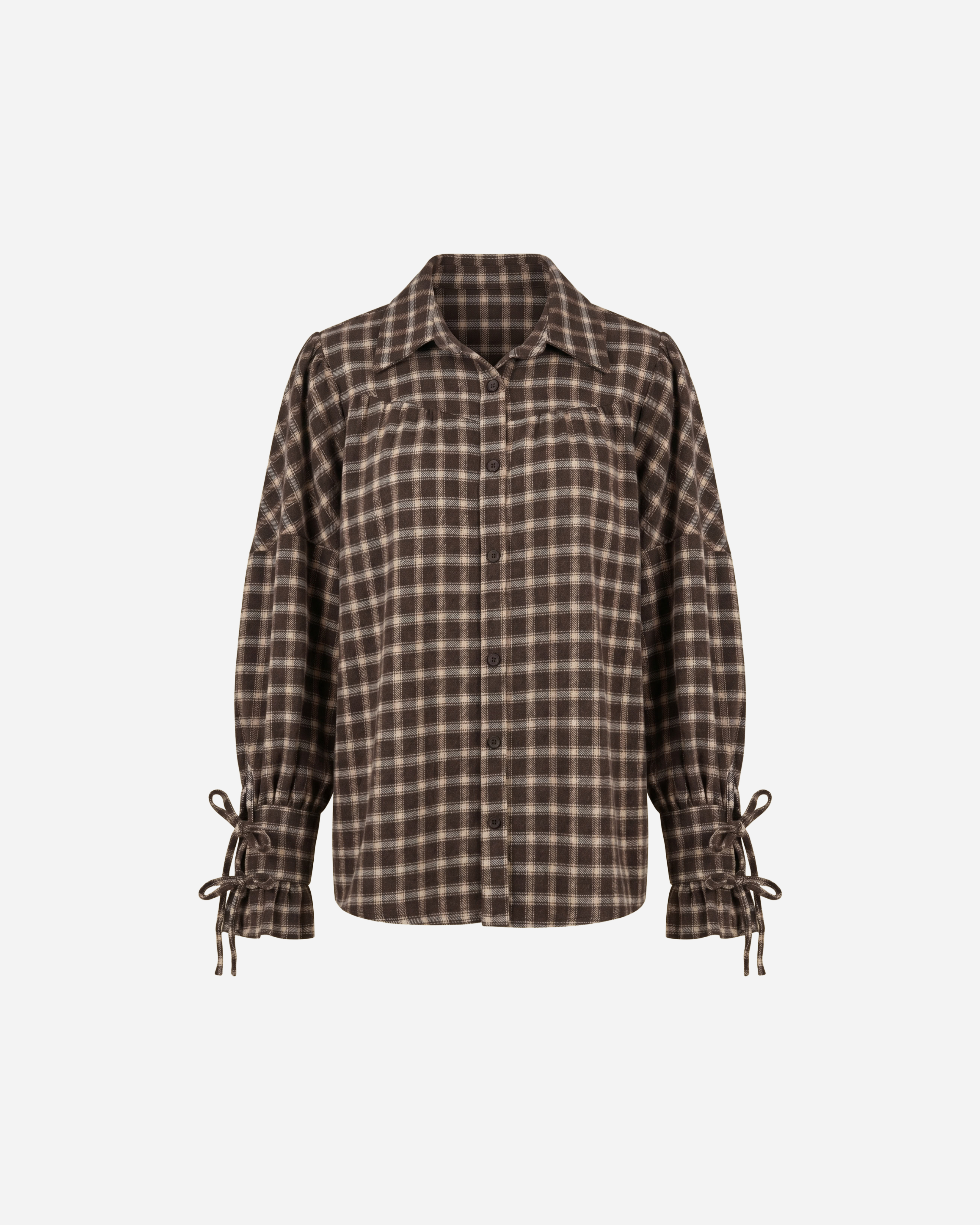 GERUITE BLOUSE MET TROMPETMOUWEN ESPRESSO