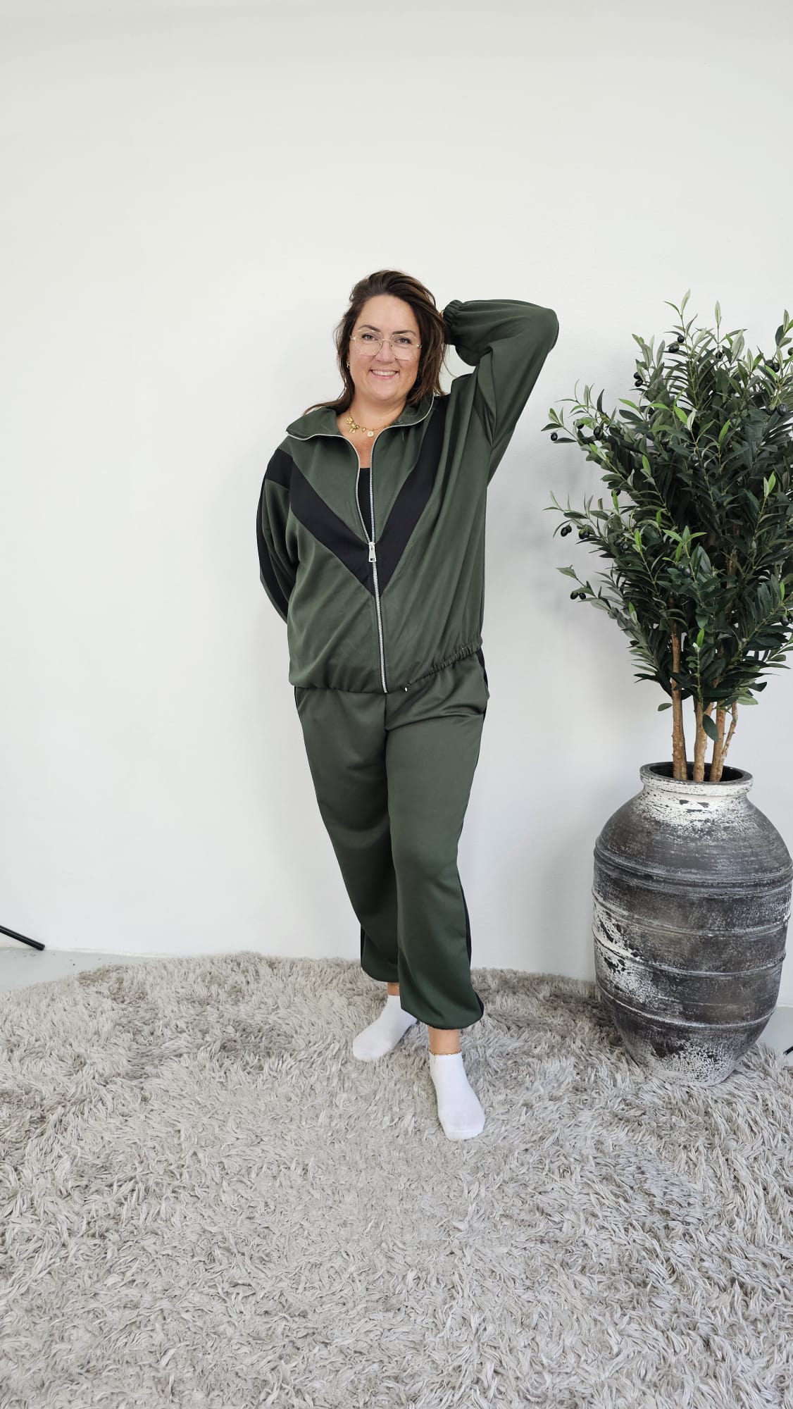 BREDE STREEP JOGGER SET ARMY