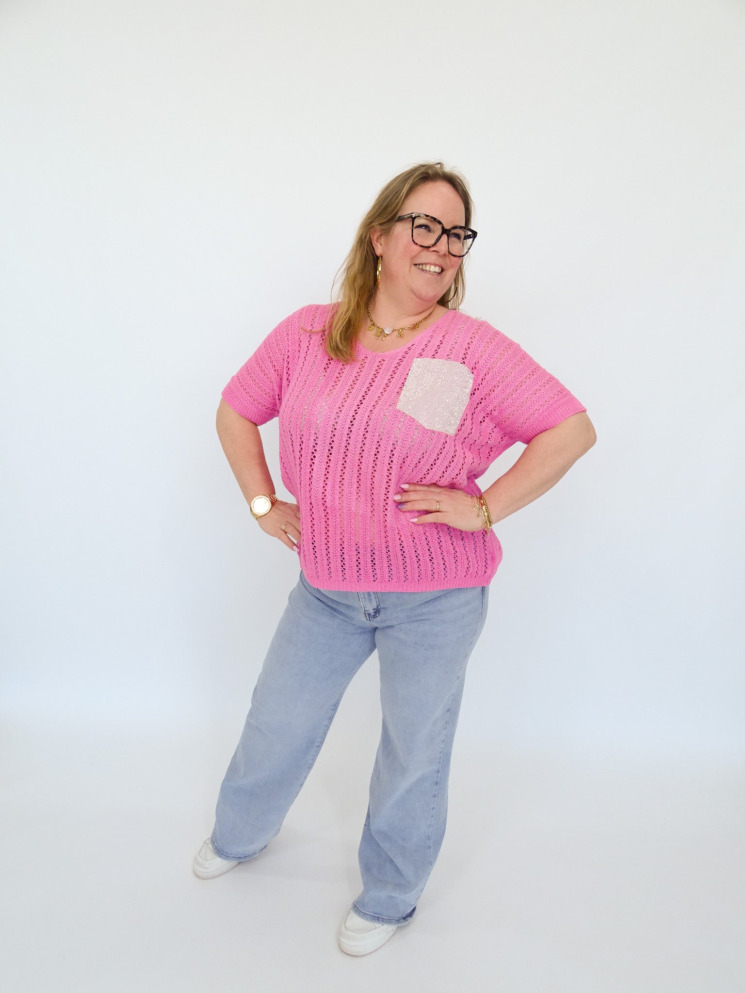 GEBREID T-SHIRT MET GLITTERZAKJE - 1986