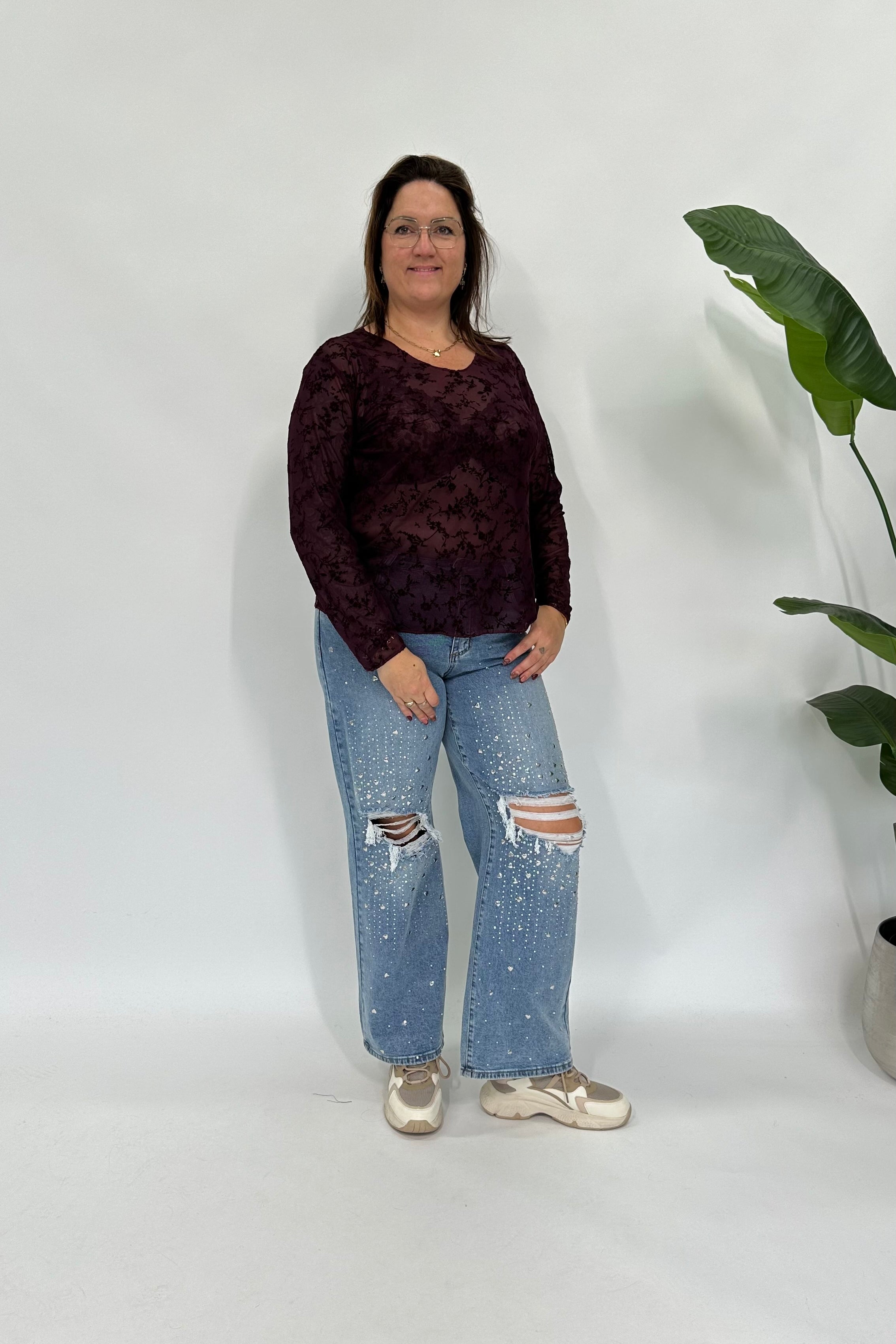 MESH TOP FLOWERS V-HALS BURGUNDY