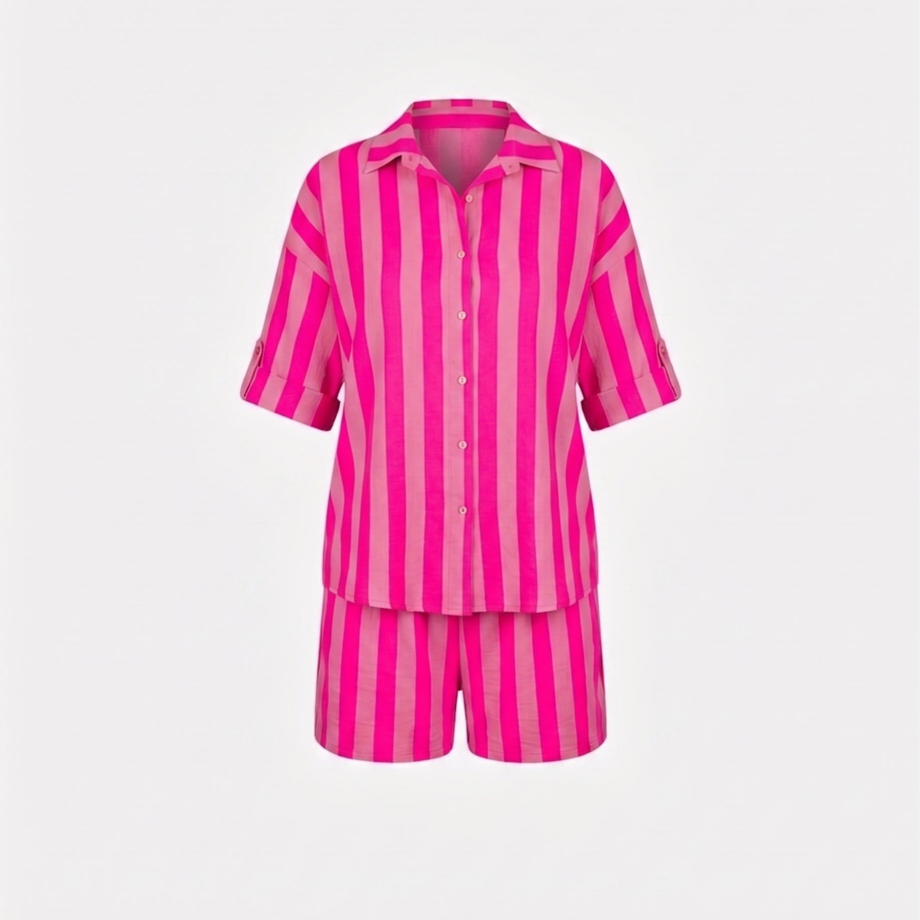 KATOENEN MOUSSELINE STREEP SET FUCHSIA/ROZE