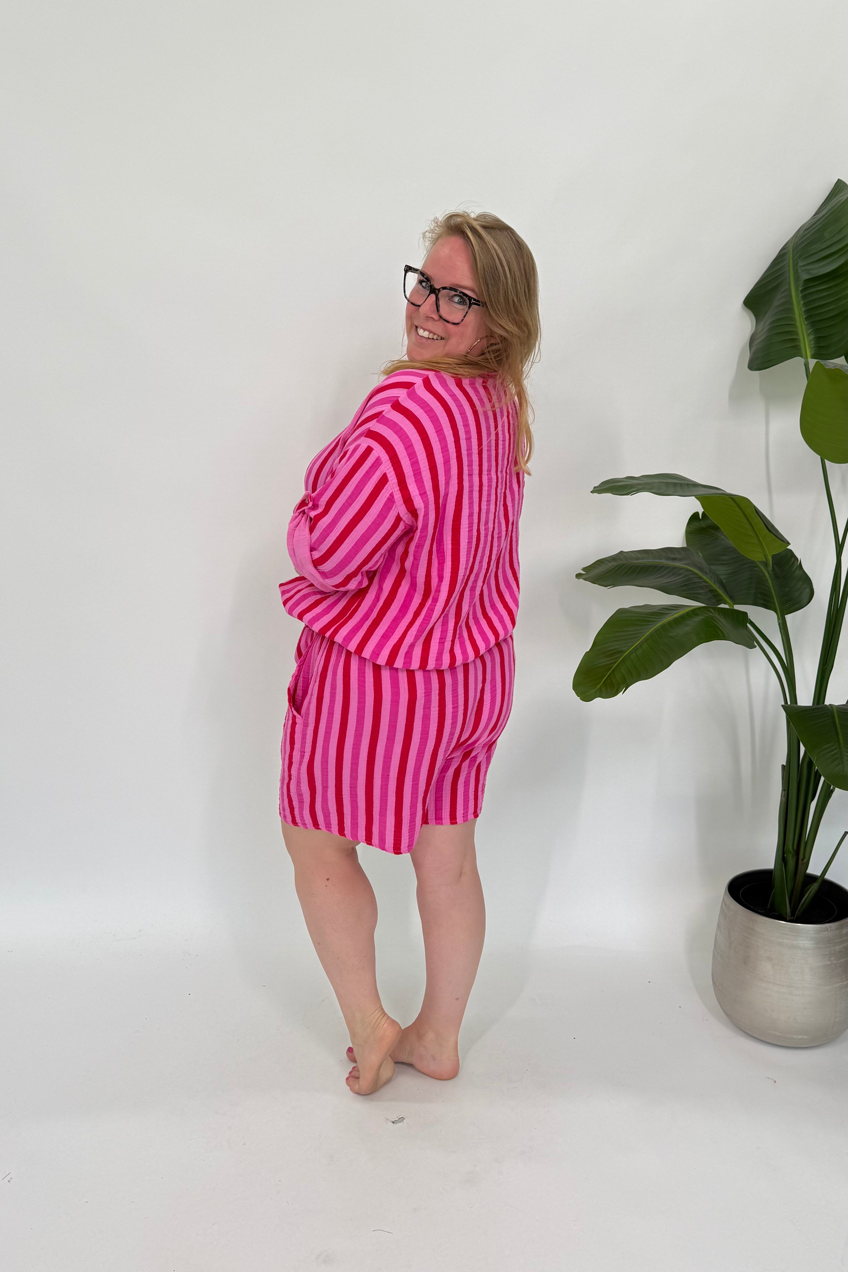 KATOENEN MOUSSELINE STREEP SET FUCHSIA/ROZE