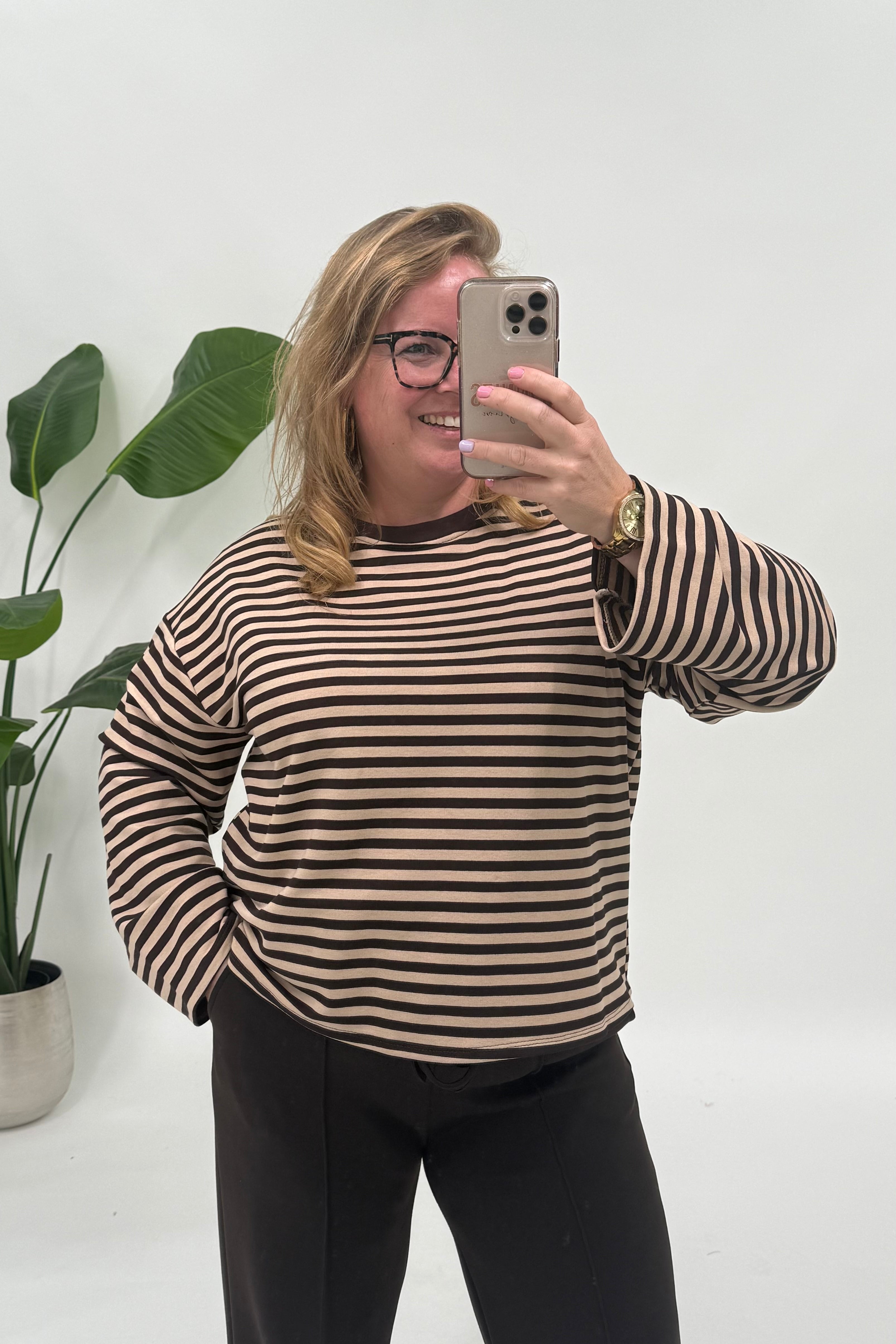 STREEP SHIRT LONGSLEEVE BEIGE/ESPRESSO