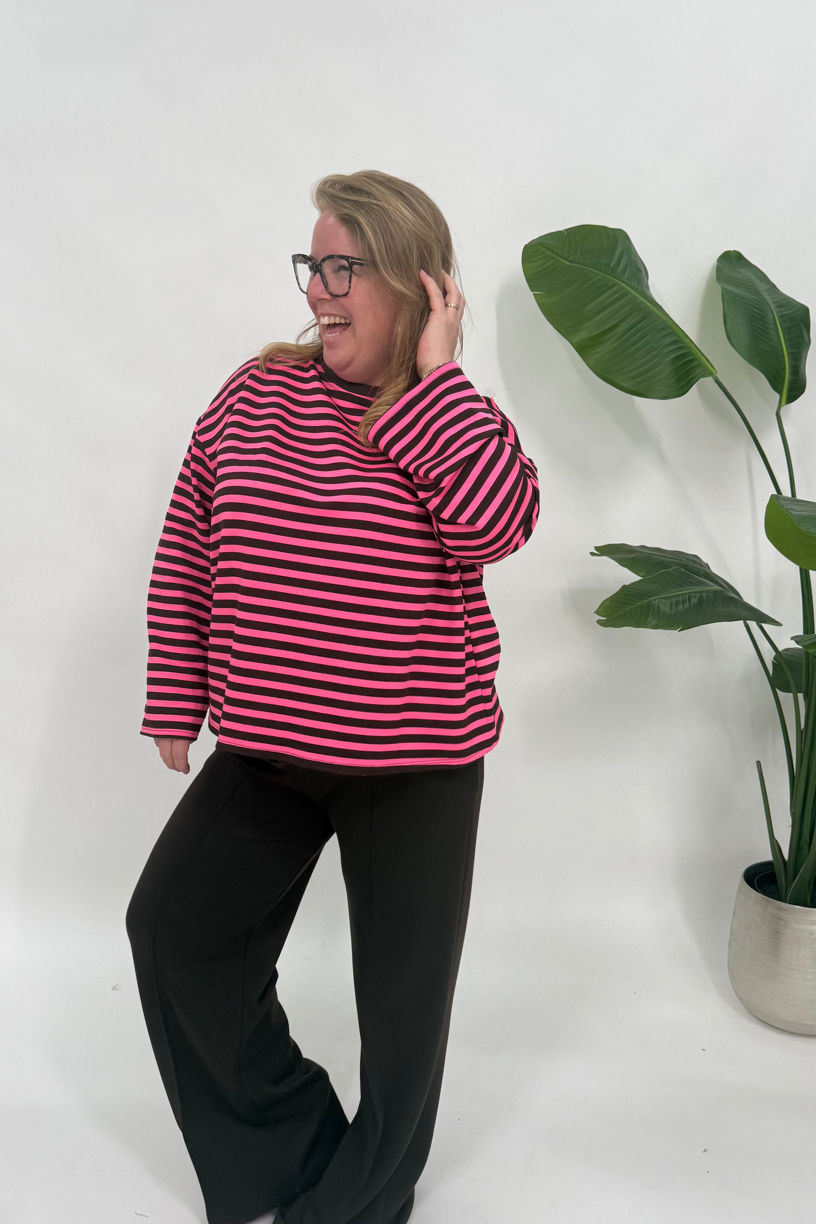 STREEP SHIRT LONGSLEEVE FUCHSIA/ESPRESSO
