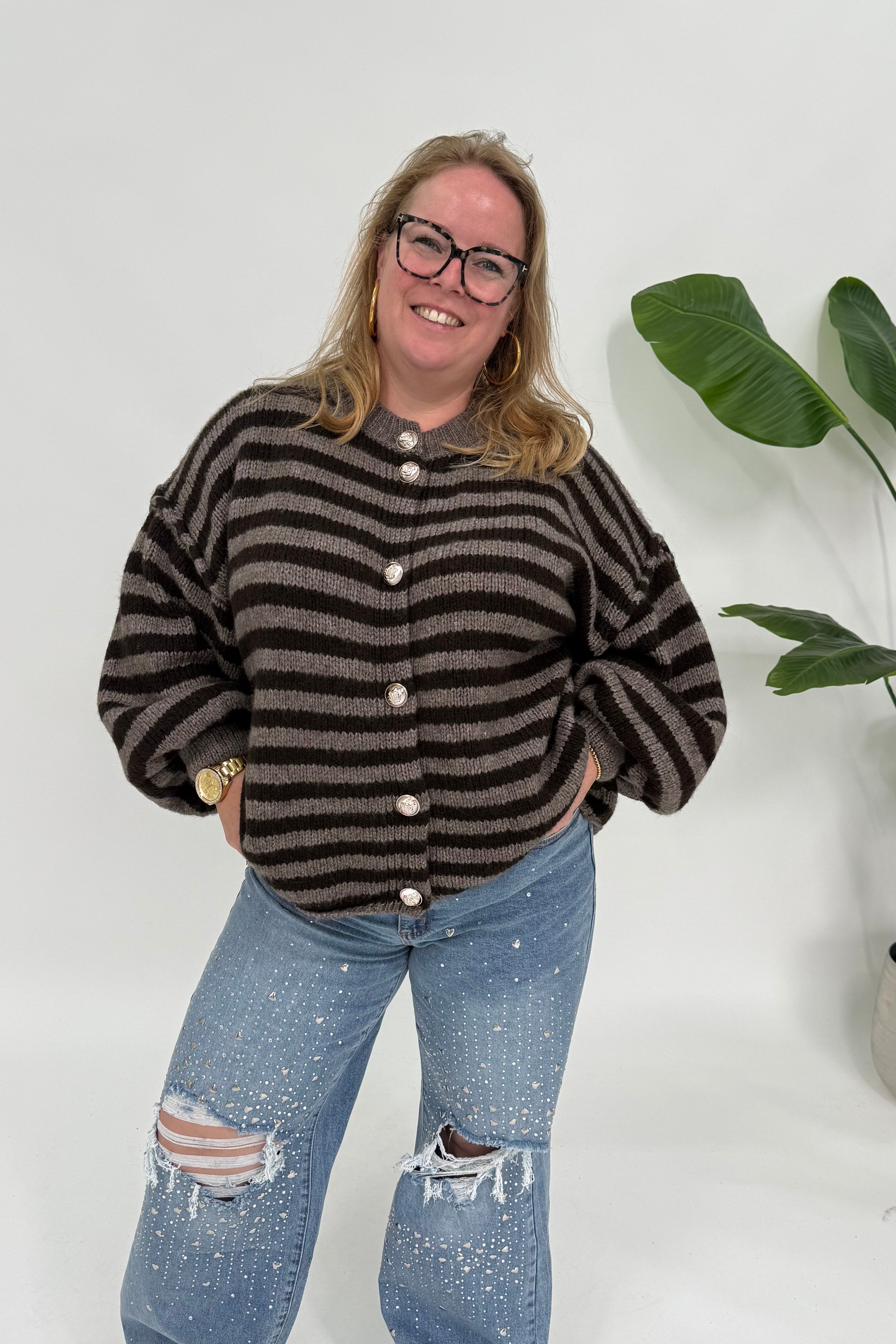 STREEP VEST MET SIERKNOPEN TAUPE/ESPRESSO