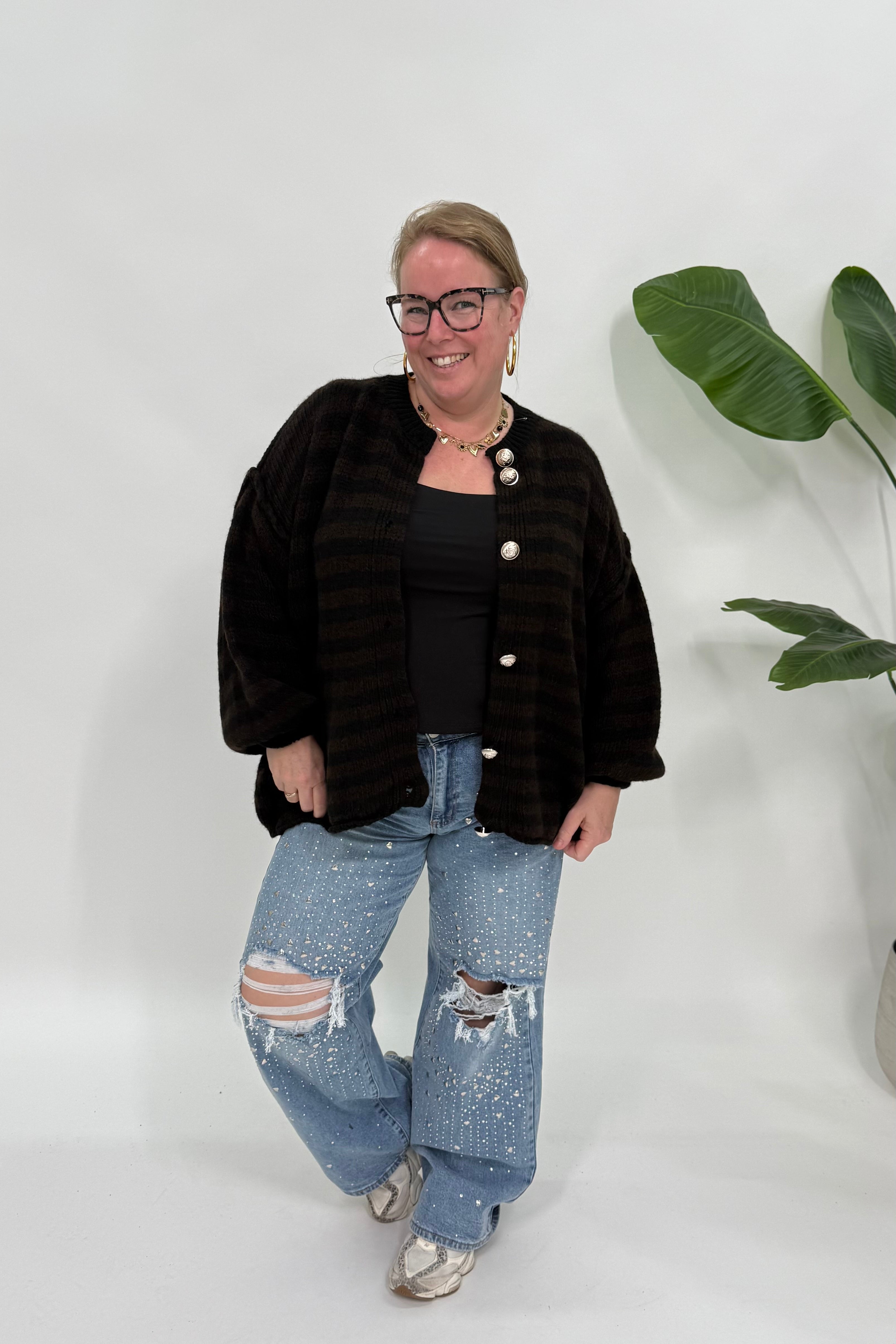 STREEP VEST MET SIERKNOPEN ZWART/ESPRESSO