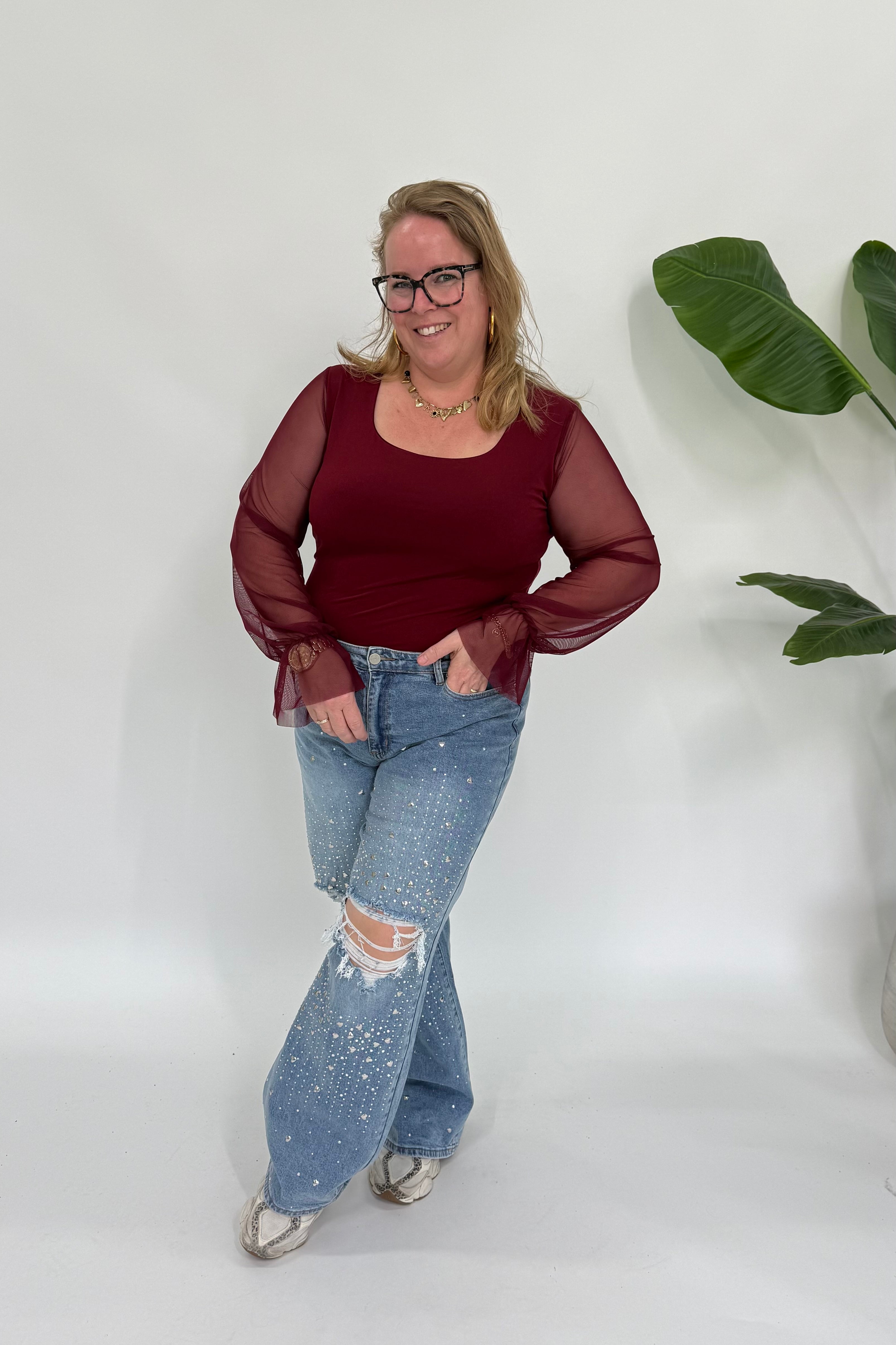 BODY MET MESH MOUWEN ZWART BORDEAUX
