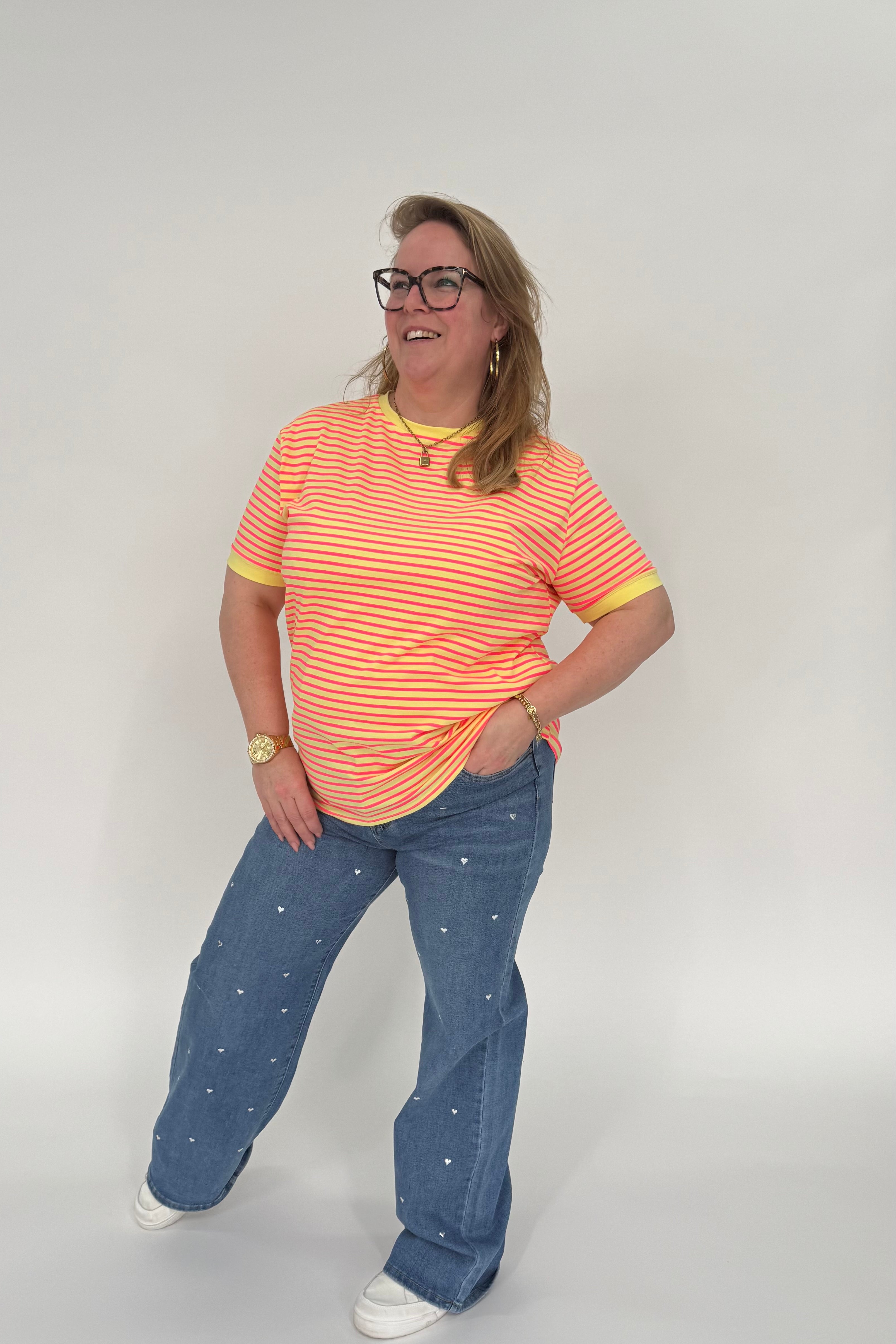 STREEPJES T-SHIRT GEEL/FUCHSIA
