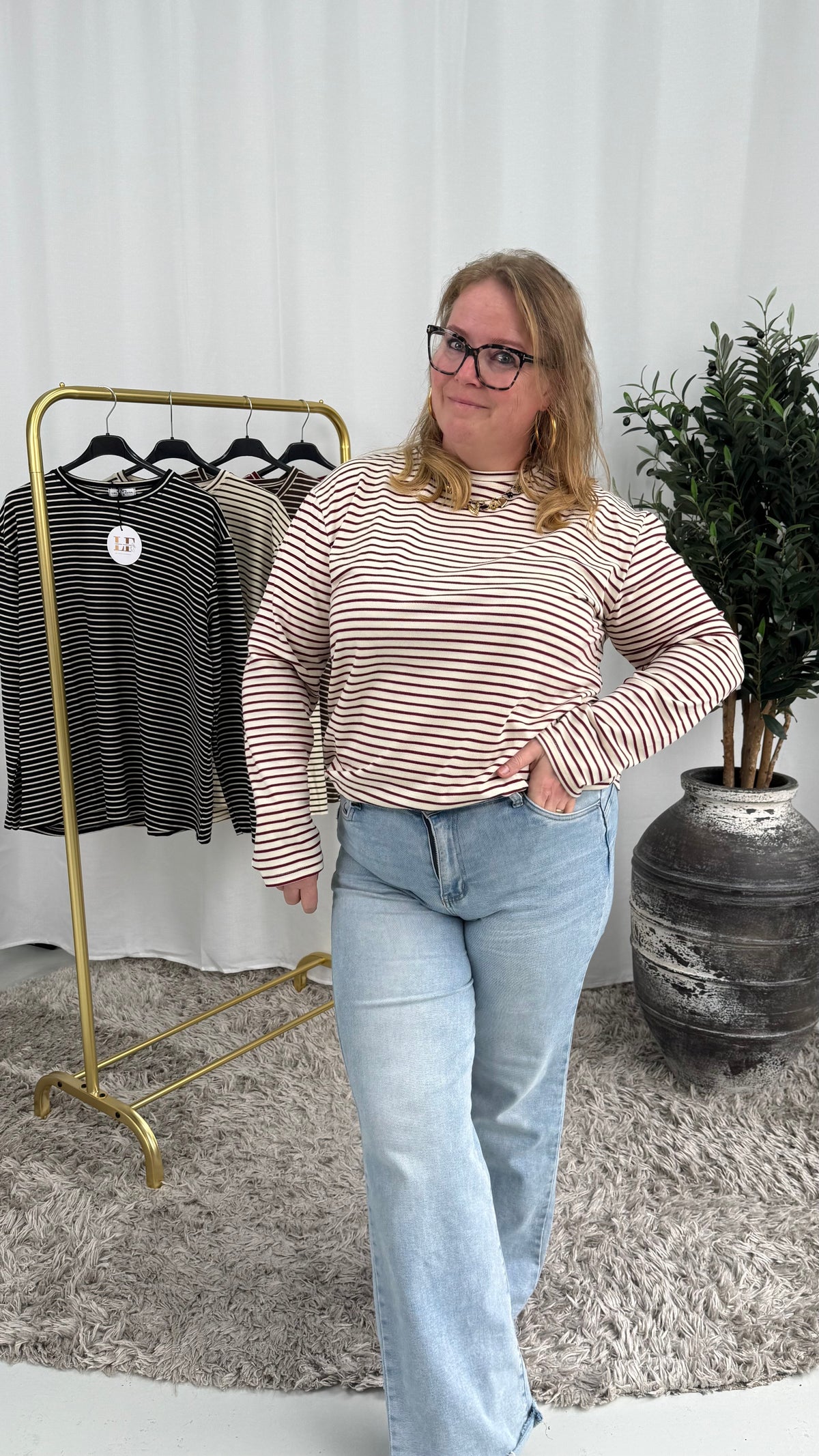 STREEPJES LONGSLEEVE LINNIES THE LABEL BEIGE/BURGUNDY