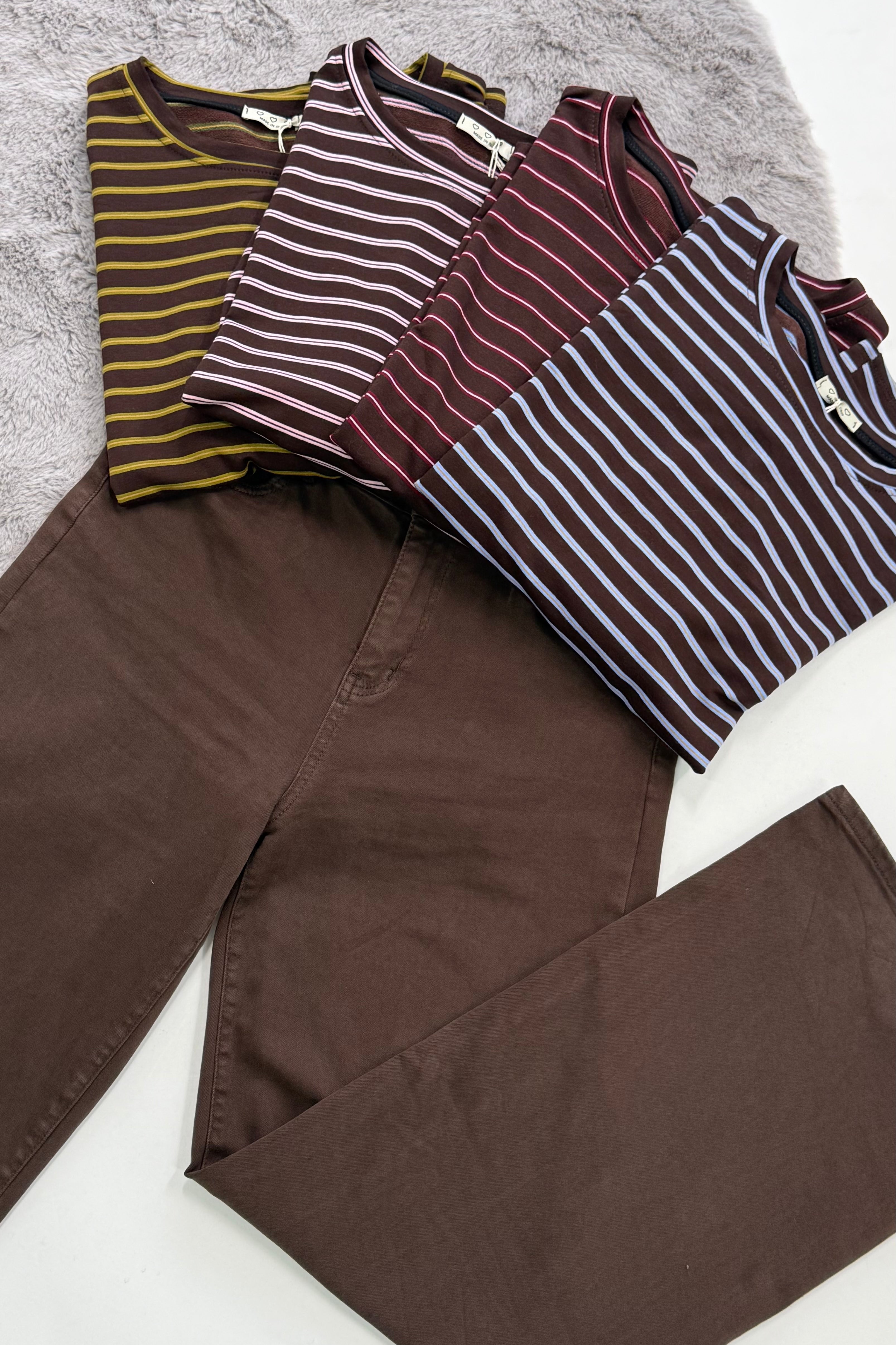 DUO STREEP TOP ESPRESSO/BLAUW