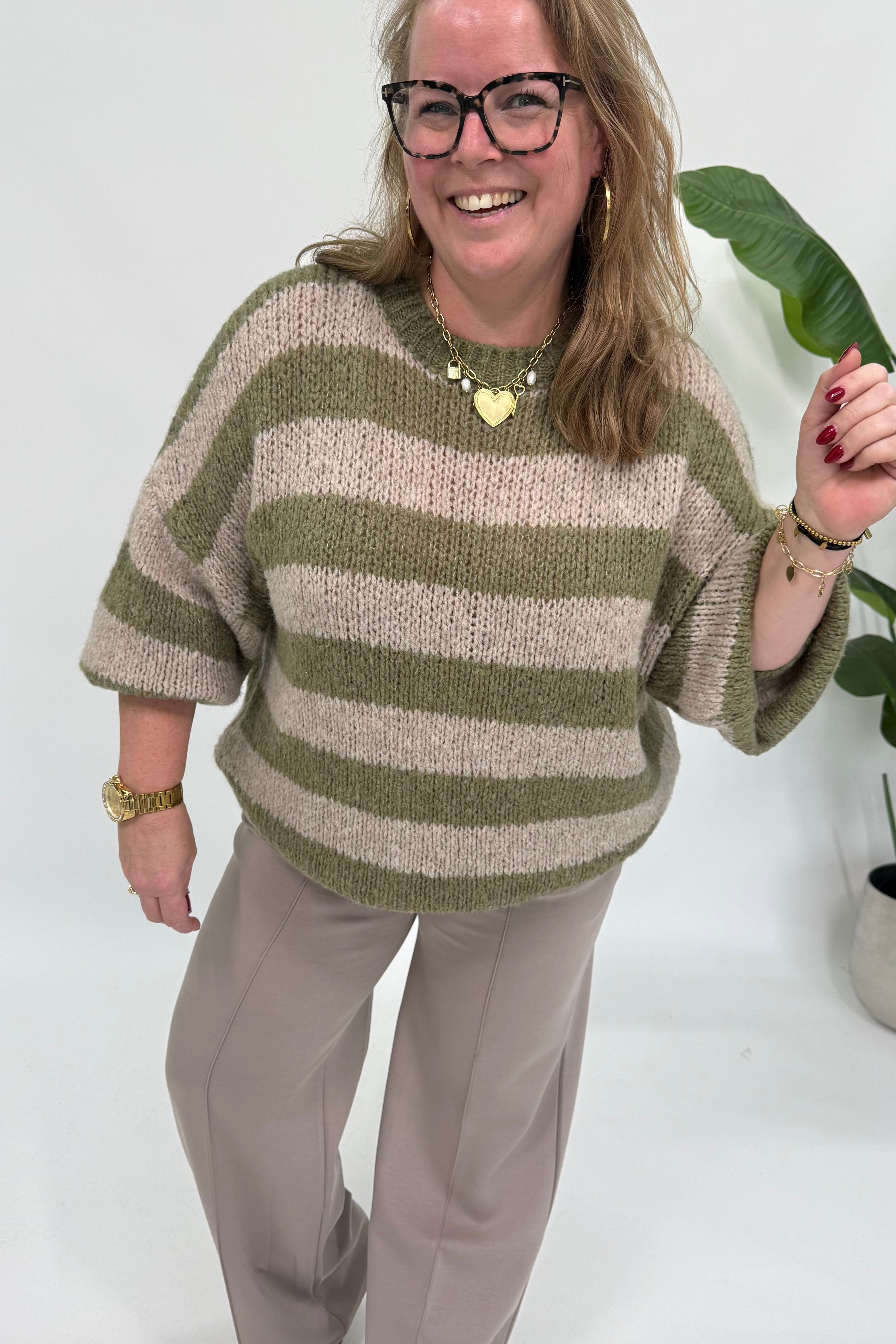 STREEP KNIT ARMY/BEIGE