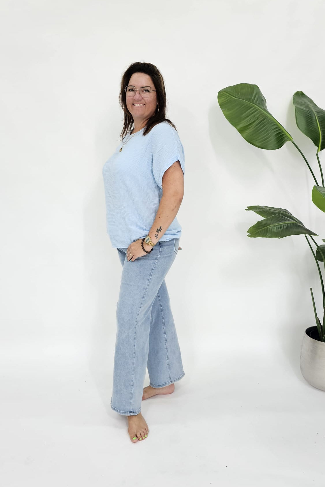KATOENEN MOUSSELINE TOP BLAUW